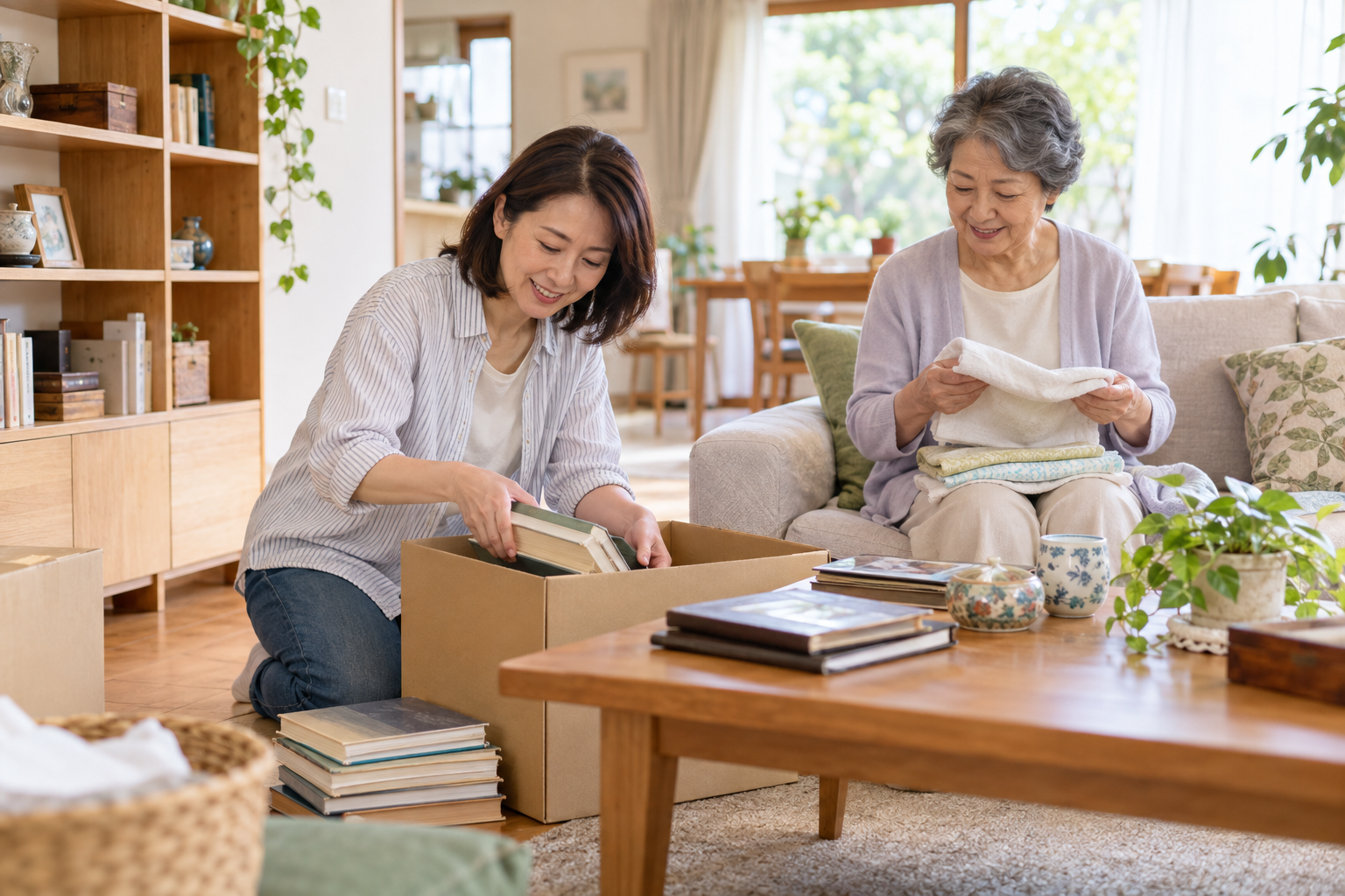 母娘で本や衣類を整理する生前整理のイメージ