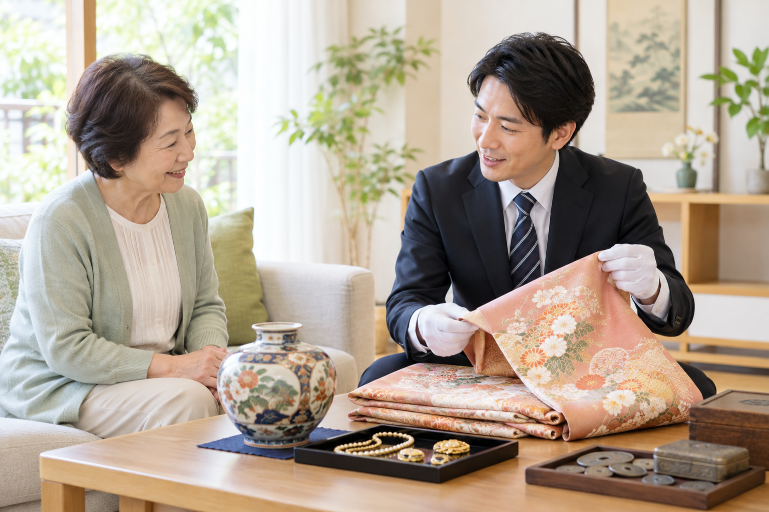 ご自宅で着物や骨董品を査定する出張買取のイメージ