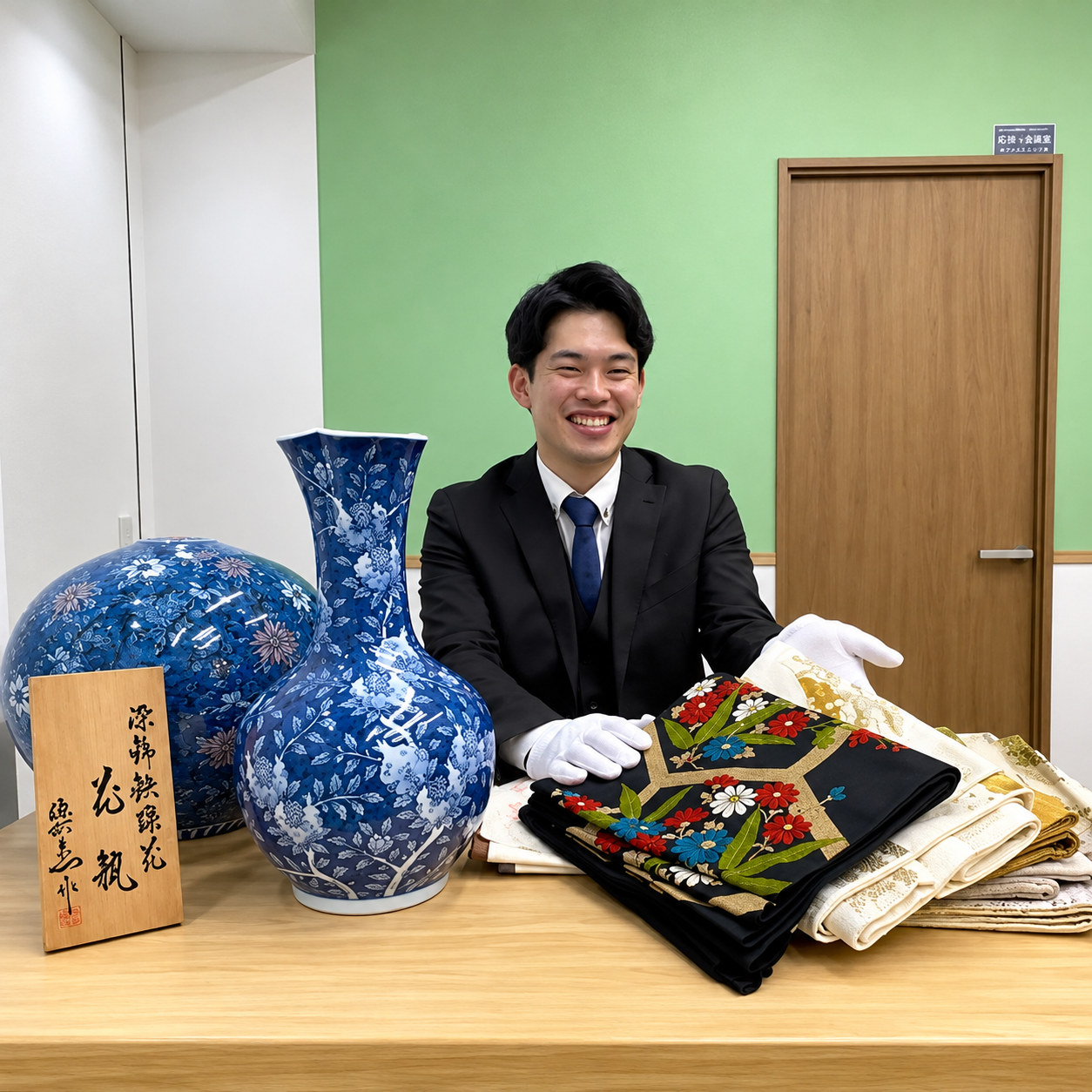 店内で着物と骨董品の査定を案内する様子